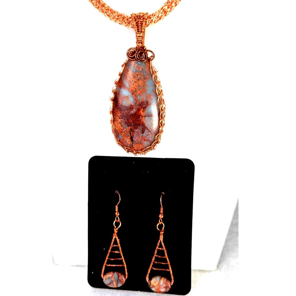 Copper Plume/agate necklace set  dangle drop earrings EUC Viking knitwire woven